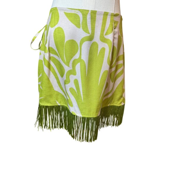 2/$30 NWT 4 Chartreuse Green Fringe Mini Wrap Skirt Abstract Pattern By PrettyLi - Picture 3 of 16